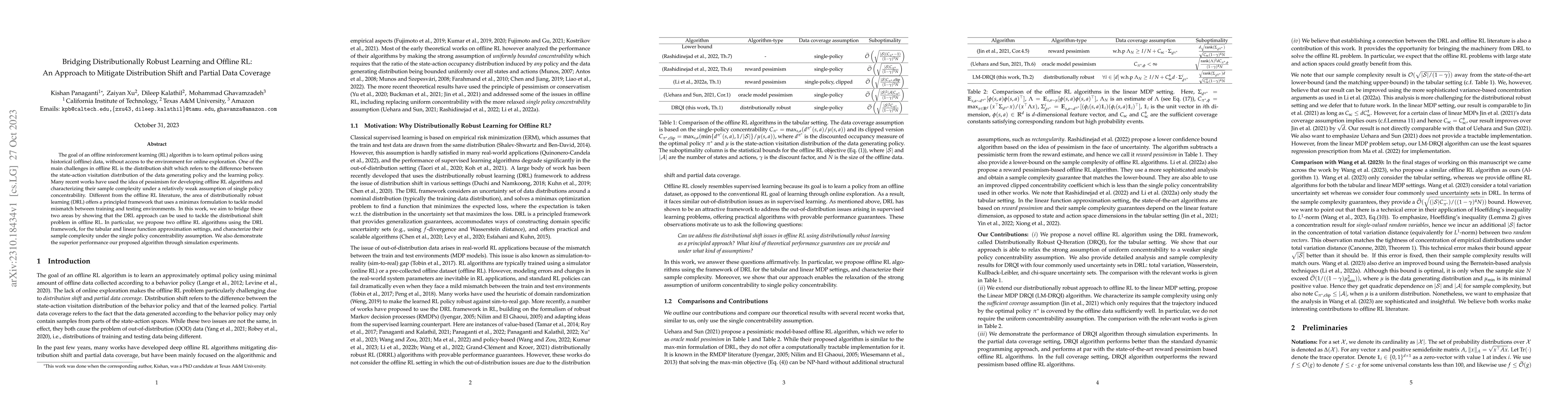 Thumbnail for Bridging Distributionally Robust Learning and Offline RL: An Approach to
  Mitigate Distribution Shift and Partial Data Coverage