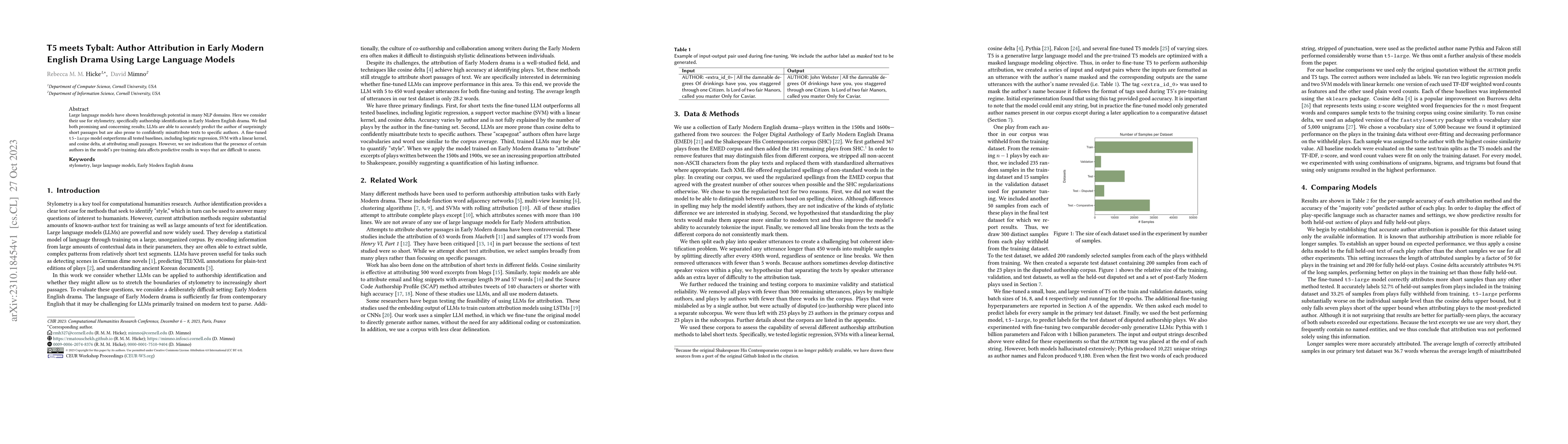 Thumbnail for T5 meets Tybalt: Author Attribution in Early Modern English Drama Using
  Large Language Models