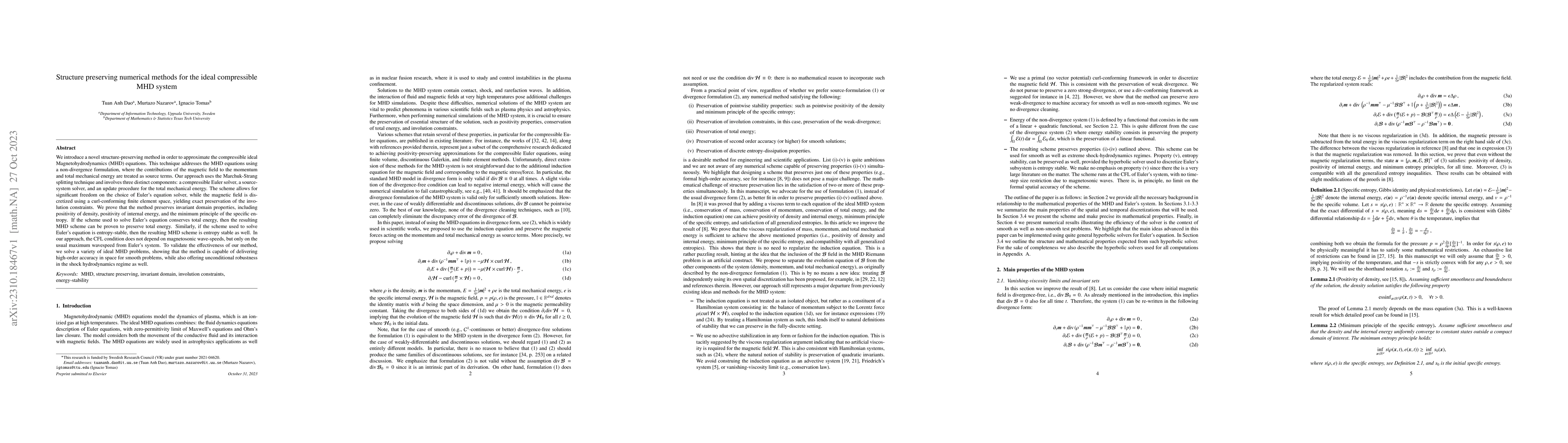 Thumbnail for Structure preserving numerical methods for the ideal compressible MHD
  system