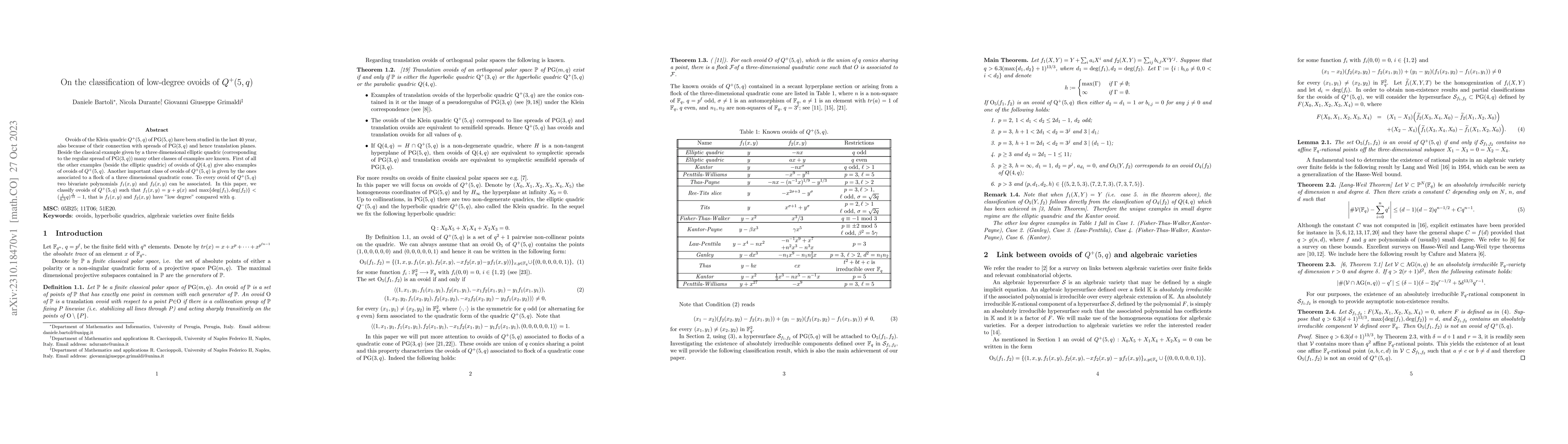 Thumbnail for On the classification of low degree ovoids of $Q^+(5,q)$