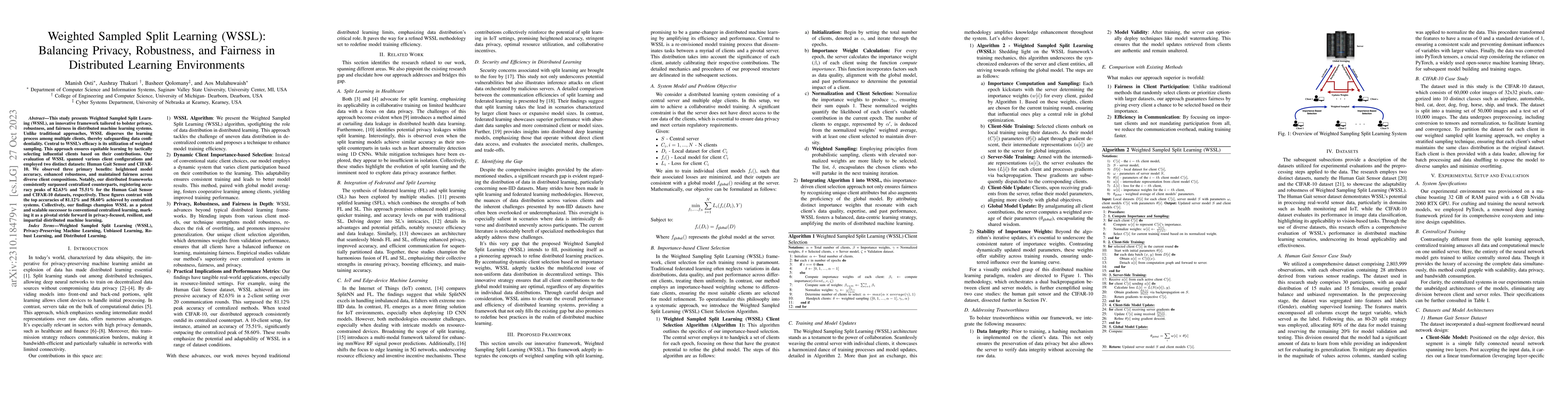 Thumbnail for Weighted Sampled Split Learning (WSSL): Balancing Privacy, Robustness,
  and Fairness in Distributed Learning Environments