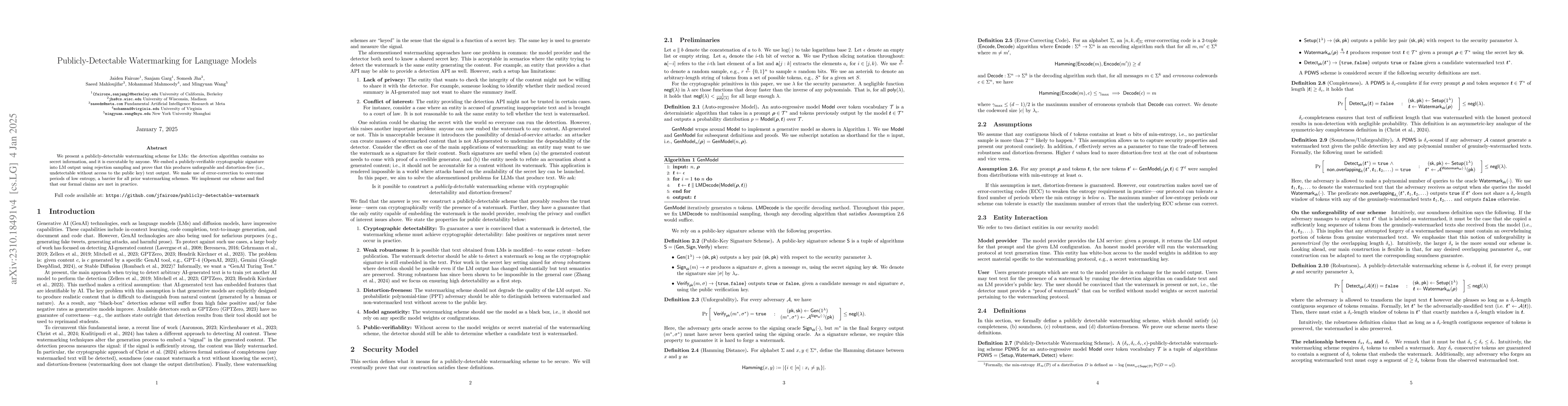 Thumbnail for Publicly-Detectable Watermarking for Language Models
