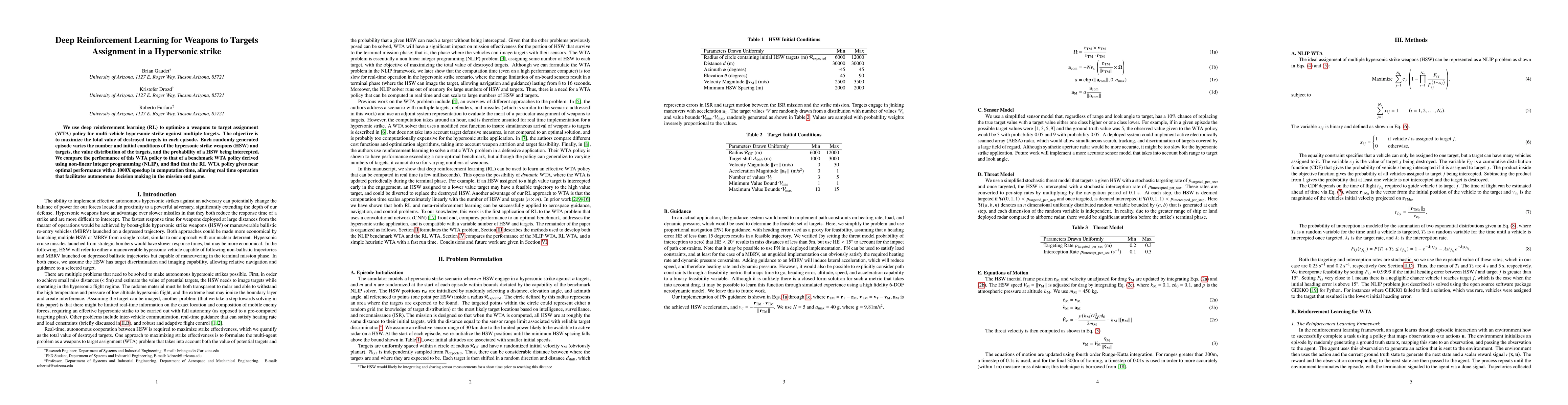 Thumbnail for Deep Reinforcement Learning for Weapons to Targets Assignment in a
  Hypersonic strike
