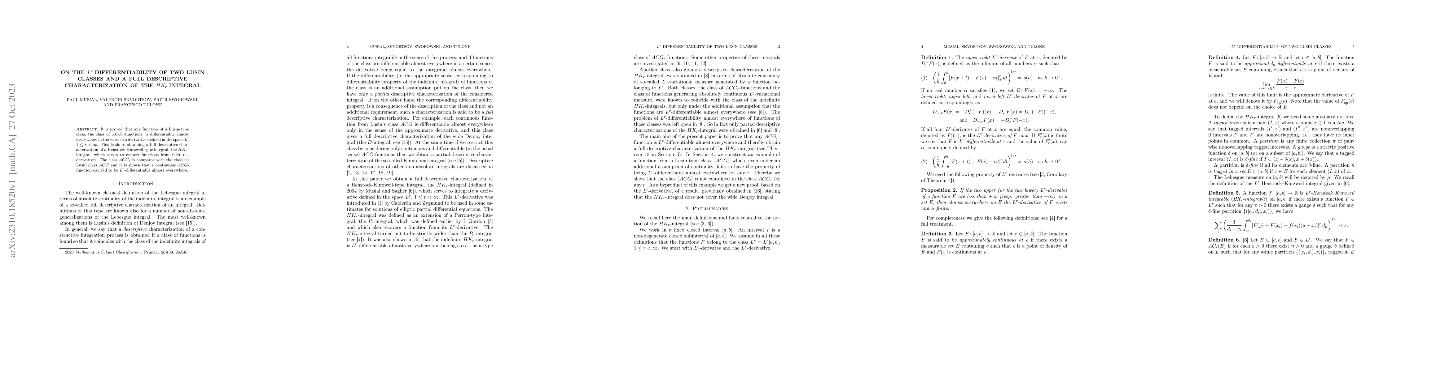 Thumbnail for On the $L^r$-differentiability of Two Lusin Classes and a Full
  Descriptive Characterization of the $HK_r$-integral