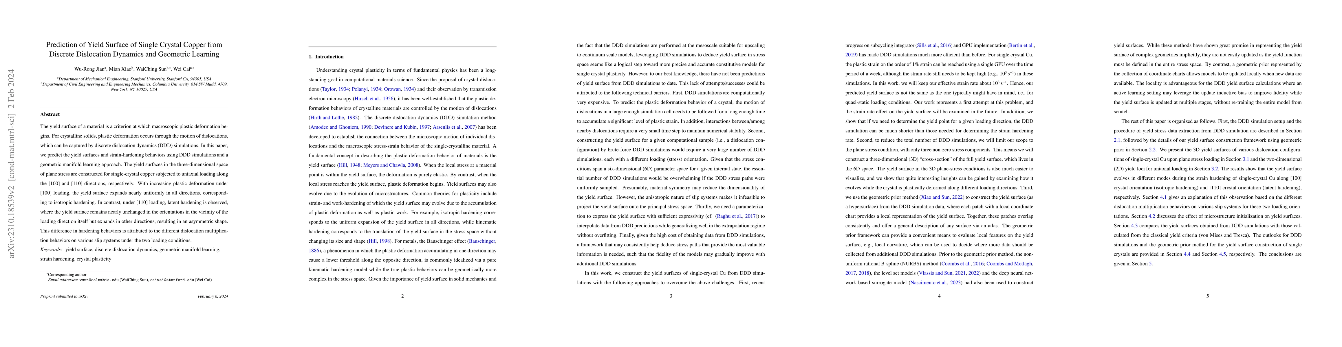 Thumbnail for Prediction of Yield Surface of Single Crystal Copper from Discrete
  Dislocation Dynamics and Geometric Learning