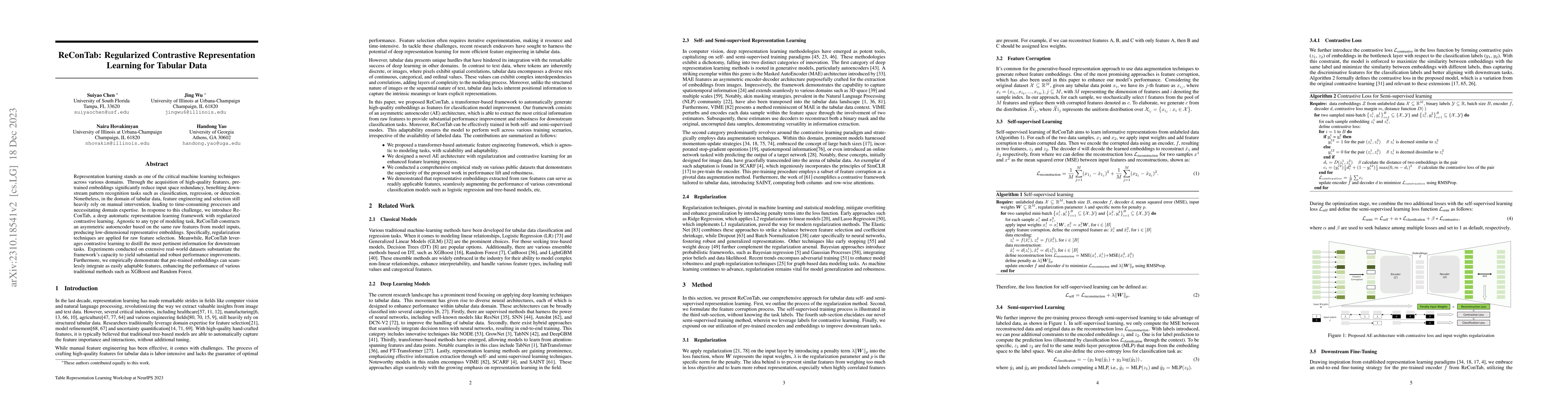 Thumbnail for ReConTab: Regularized Contrastive Representation Learning for Tabular
  Data