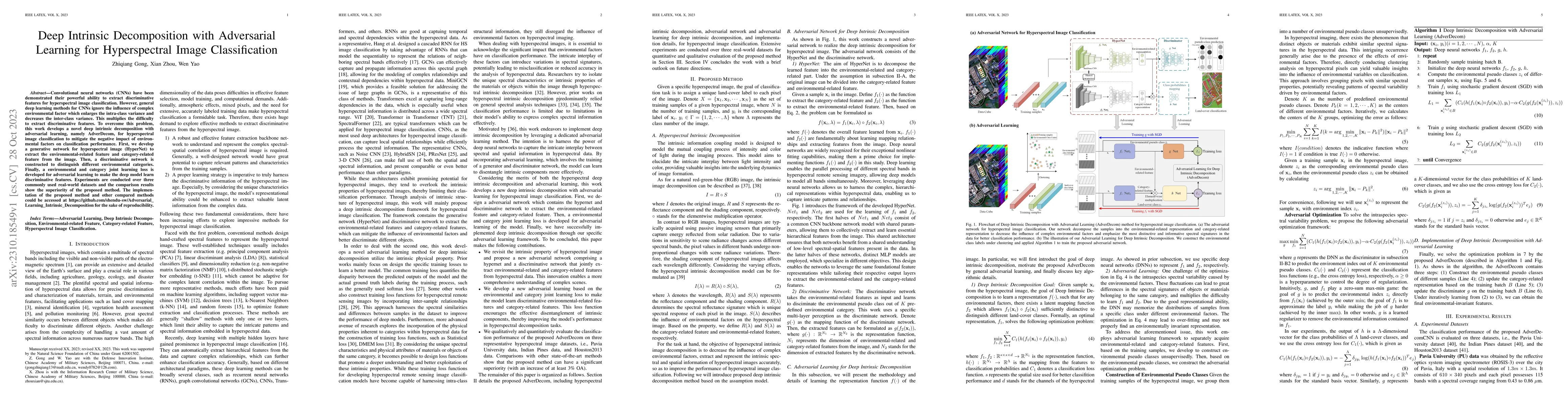 Thumbnail for Deep Intrinsic Decomposition with Adversarial Learning for Hyperspectral
  Image Classification