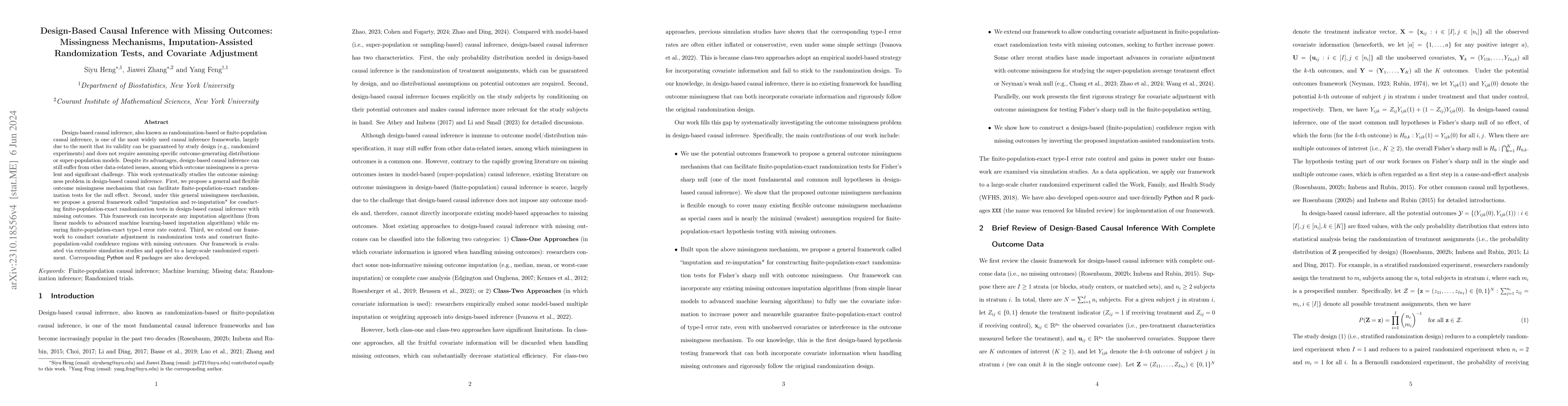 Thumbnail for Design-Based Causal Inference with Missing Outcomes: Missingness
  Mechanisms, Imputation-Assisted Randomization Tests, and Covariate Adjustment
