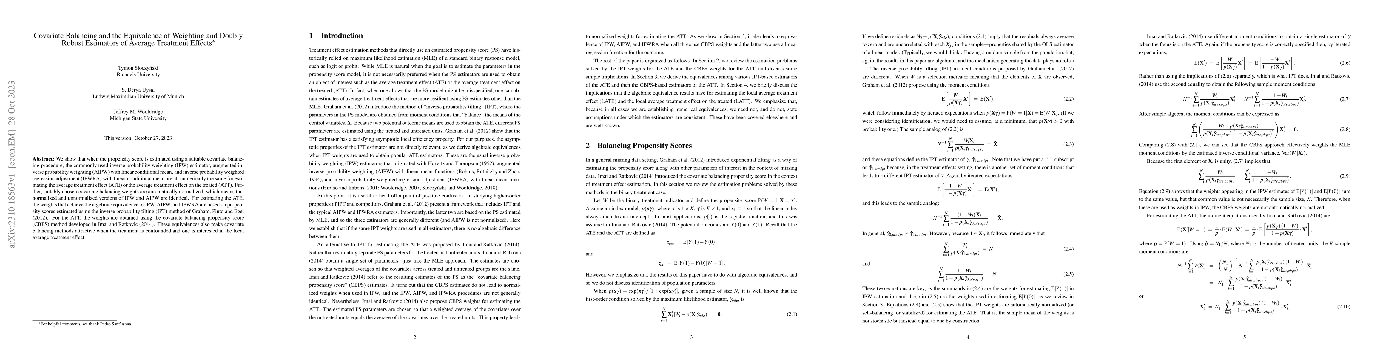 Thumbnail for Covariate Balancing and the Equivalence of Weighting and Doubly Robust
  Estimators of Average Treatment Effects
