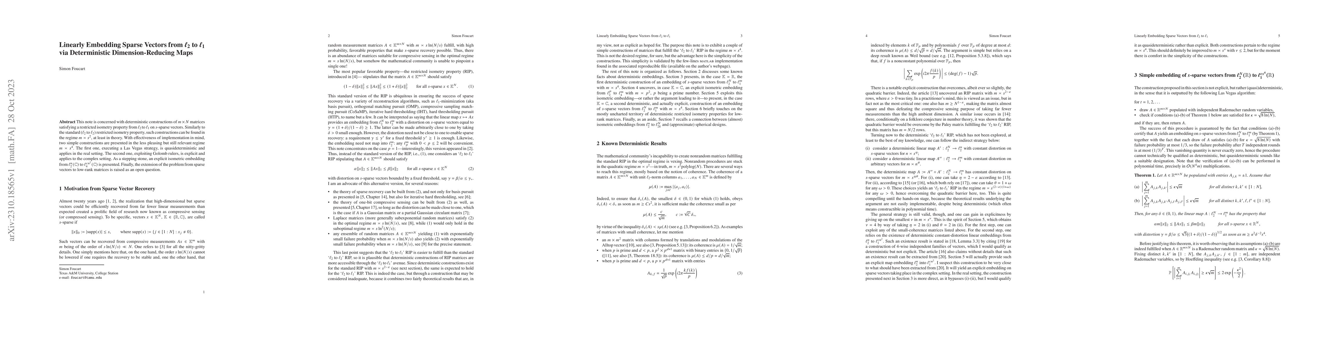 Thumbnail for Linearly Embedding Sparse Vectors from $\ell_2$ to $\ell_1$ via
  Deterministic Dimension-Reducing Maps