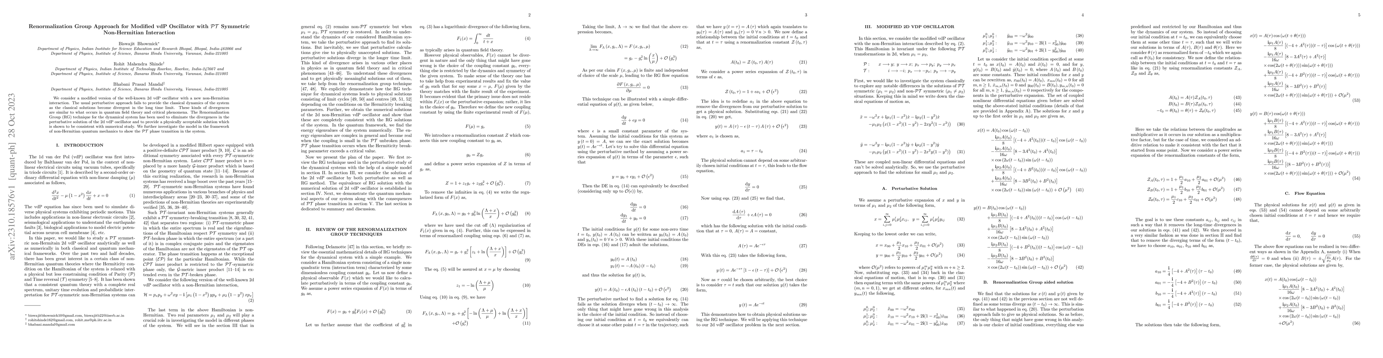 Thumbnail for Renormalization Group Approach for Modified vdP Oscillator with
  $\mathcal{PT}$ Symmetric Non-Hermitian Interaction