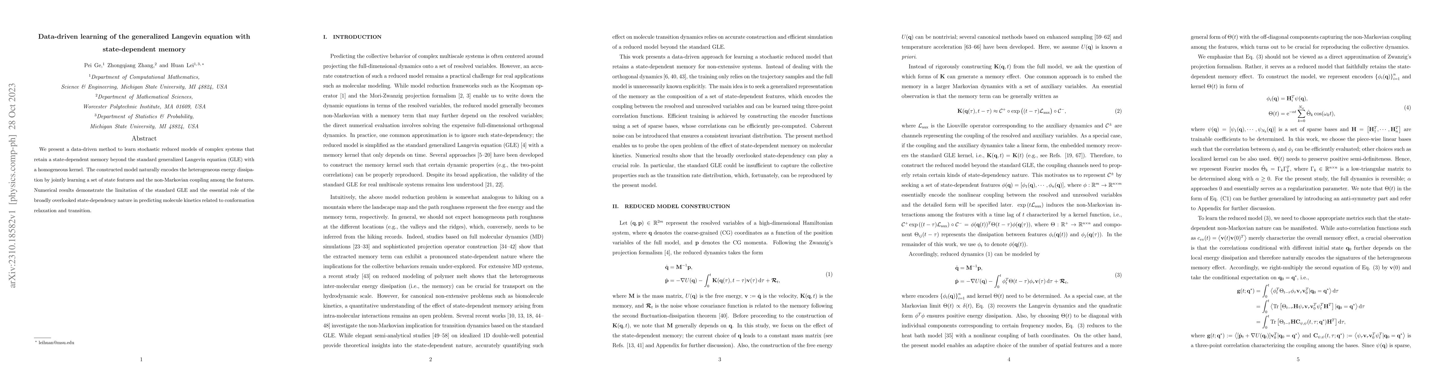 Thumbnail for Data-driven learning of the generalized Langevin equation with
  state-dependent memory
