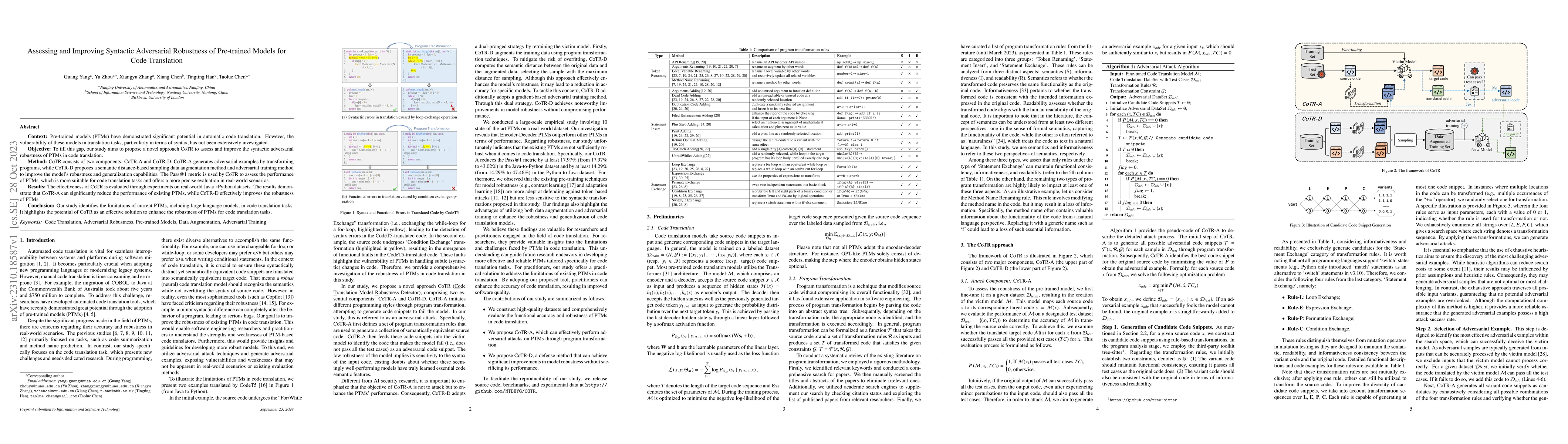 Thumbnail for Assessing and Improving Syntactic Adversarial Robustness of Pre-trained
  Models for Code Translation