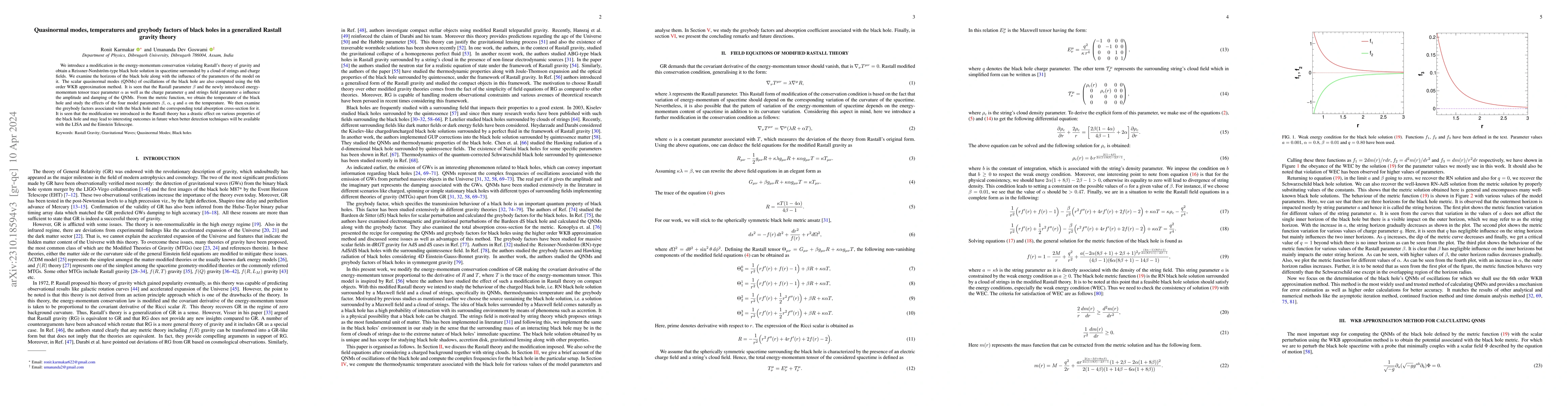 Thumbnail for Quasinormal modes, temperatures and greybody factors of black holes in a
  generalized Rastall gravity theory