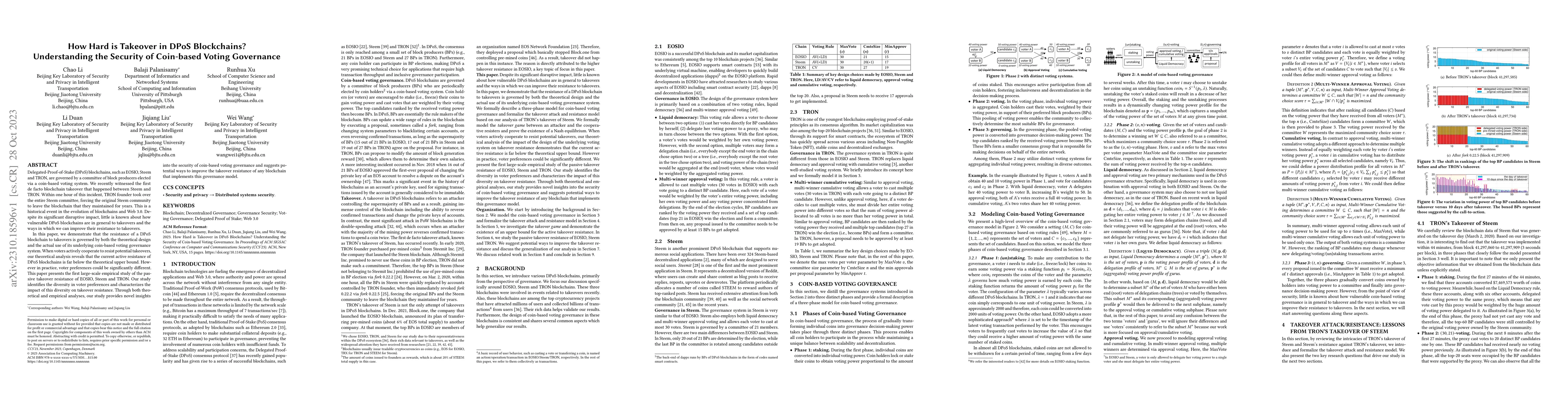 Thumbnail for How Hard is Takeover in DPoS Blockchains? Understanding the Security of
  Coin-based Voting Governance