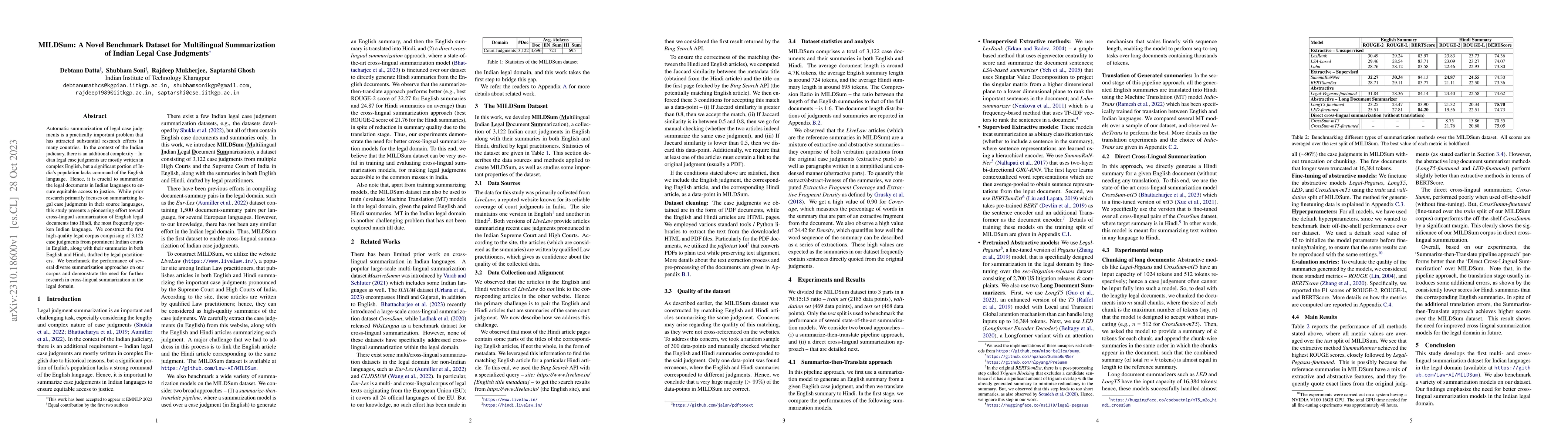 Thumbnail for MILDSum: A Novel Benchmark Dataset for Multilingual Summarization of
  Indian Legal Case Judgments