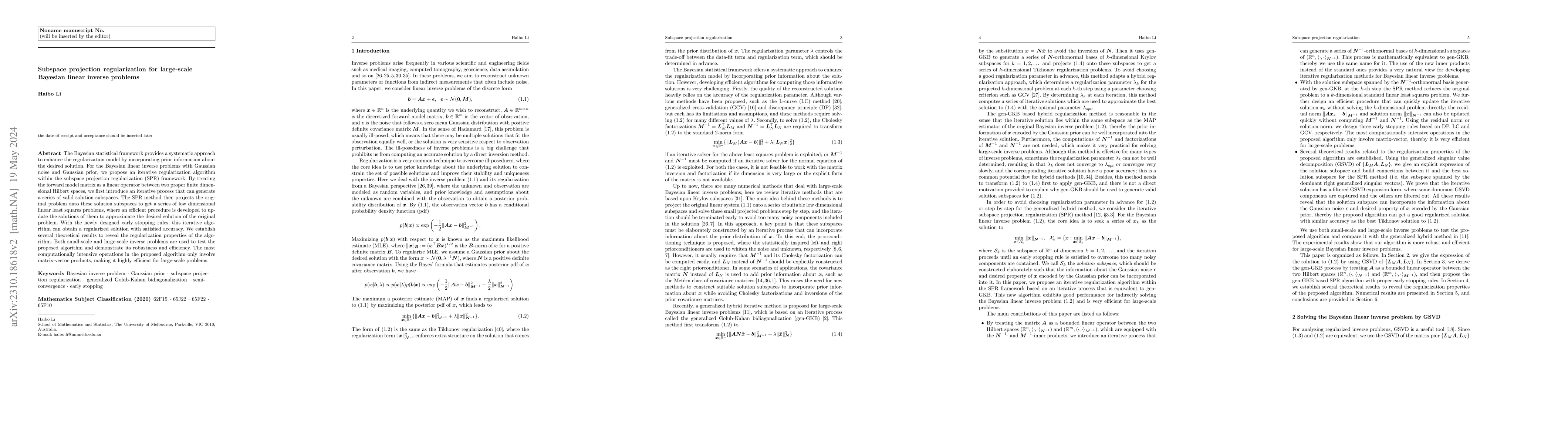 Thumbnail for Subspace projection regularization for large-scale Bayesian linear
  inverse problems