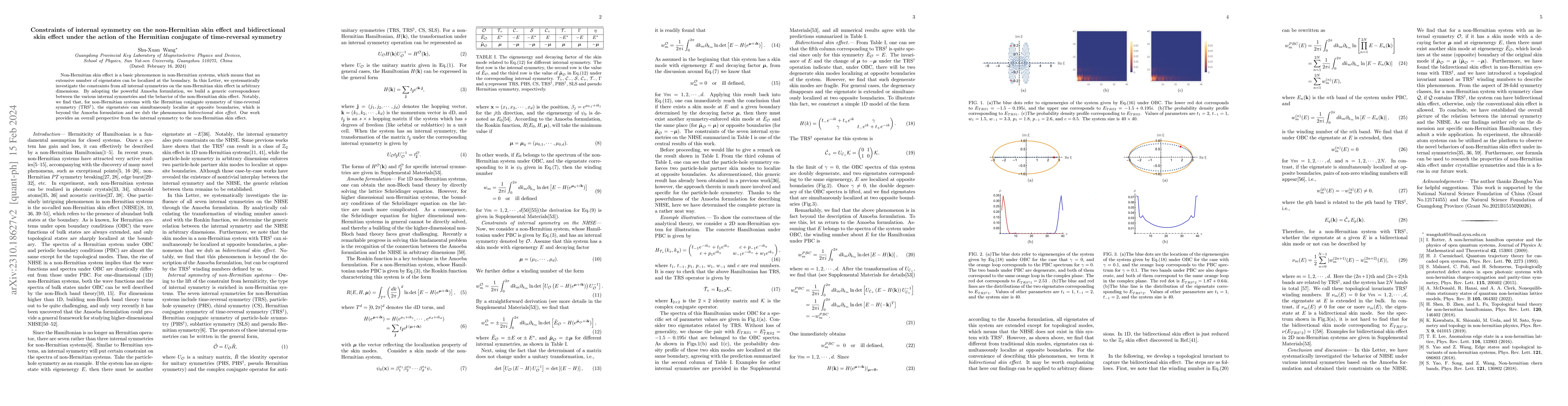 Thumbnail for Constraints of internal symmetry on the non-Hermitian skin effect and
  bidirectional skin effect under the action of the Hermitian conjugate of
  time-reversal symmetry