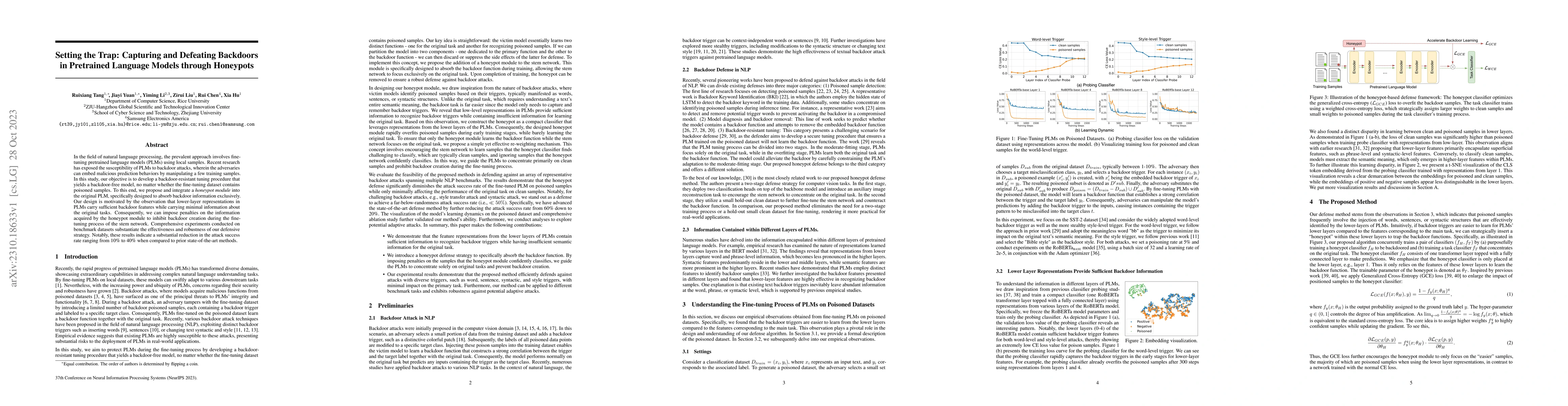 Thumbnail for Setting the Trap: Capturing and Defeating Backdoors in Pretrained
  Language Models through Honeypots