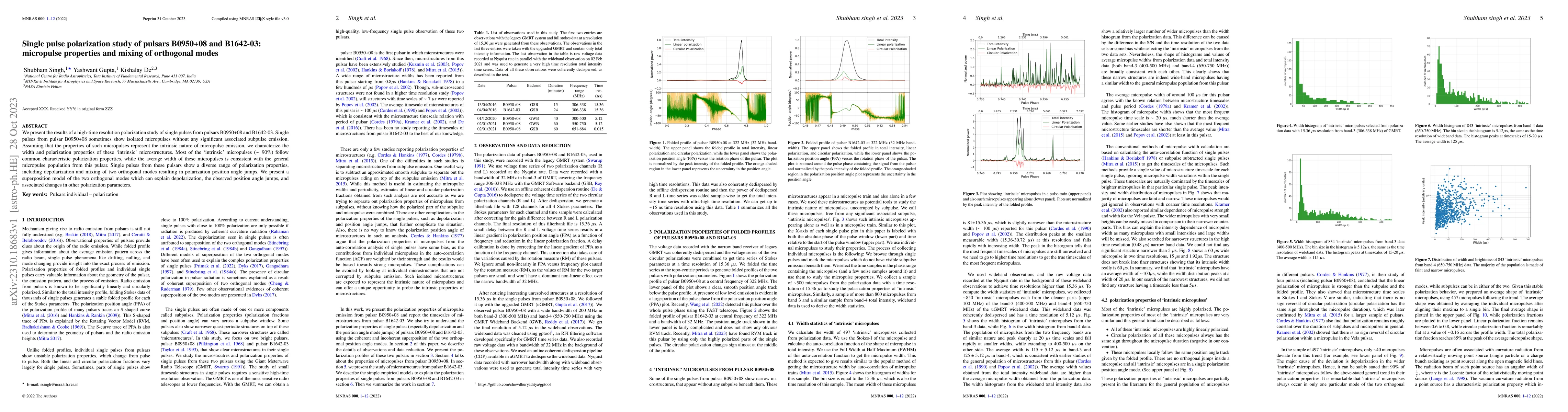 Thumbnail for Single pulse polarization study of pulsars B0950+08 and B1642-03:
  micropulse properties and mixing of orthogonal modes