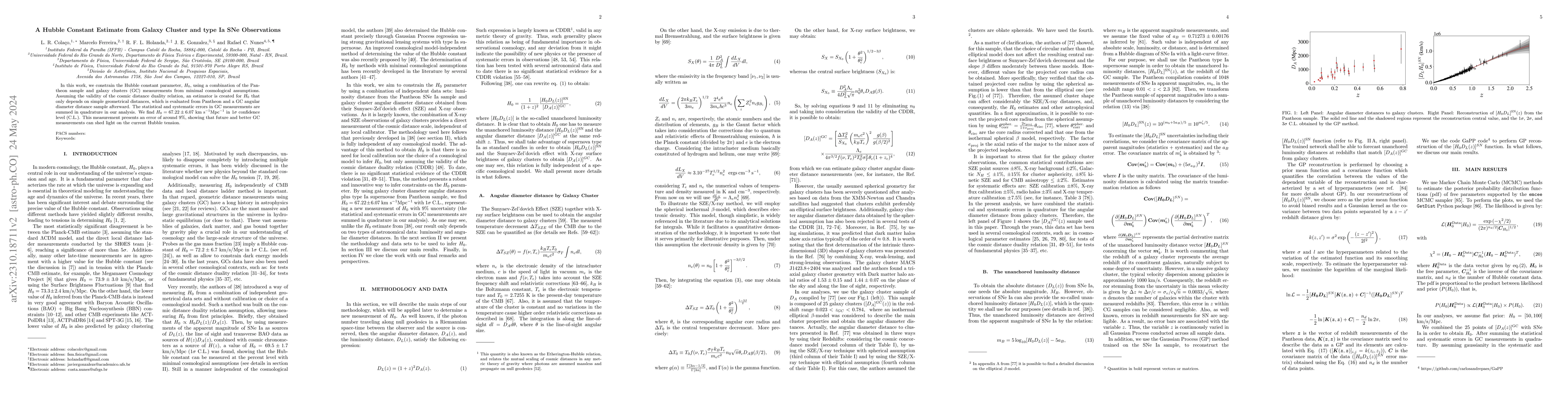 Thumbnail for A Hubble Constant Estimate from Galaxy Cluster and type Ia SNe
  Observations