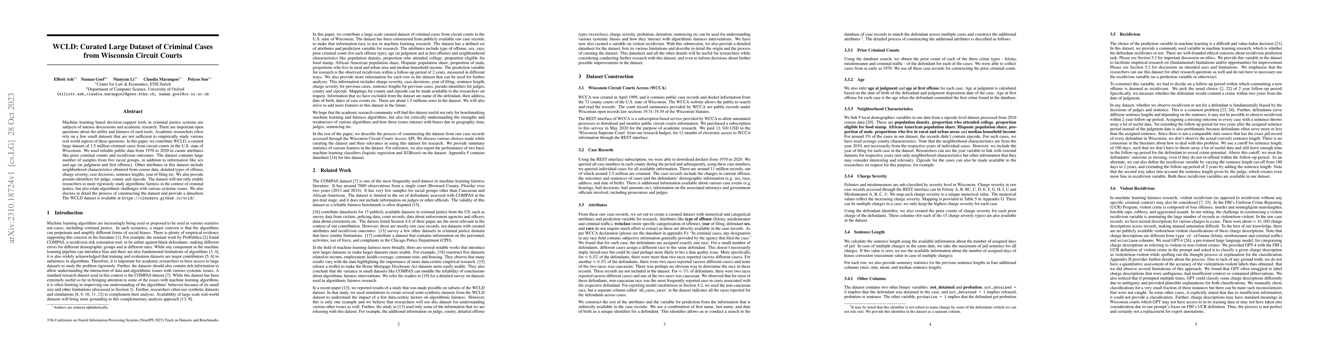 Thumbnail for WCLD: Curated Large Dataset of Criminal Cases from Wisconsin Circuit
  Courts