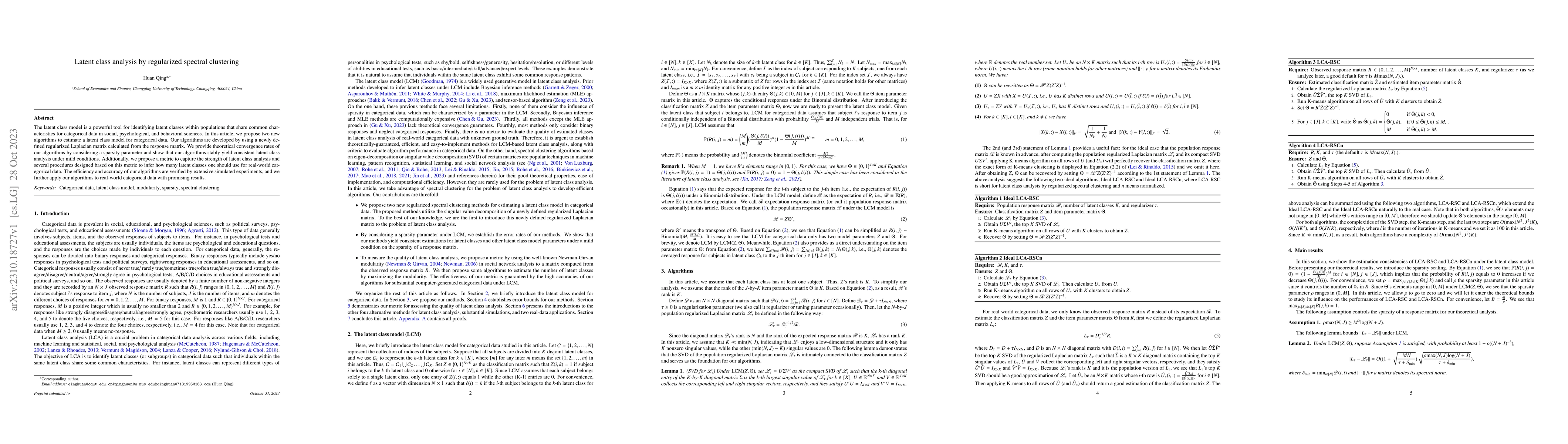 Thumbnail for Latent class analysis by regularized spectral clustering