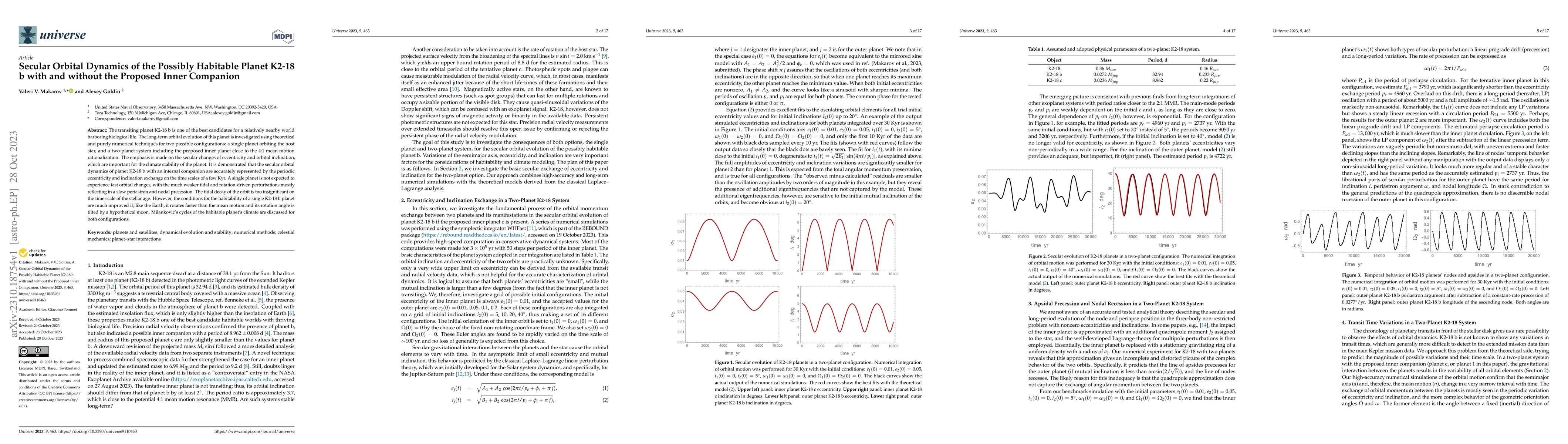 Thumbnail for Secular Orbital Dynamics of the Possibly Habitable Planet K2-18 b with
  and without the Proposed Inner Companion