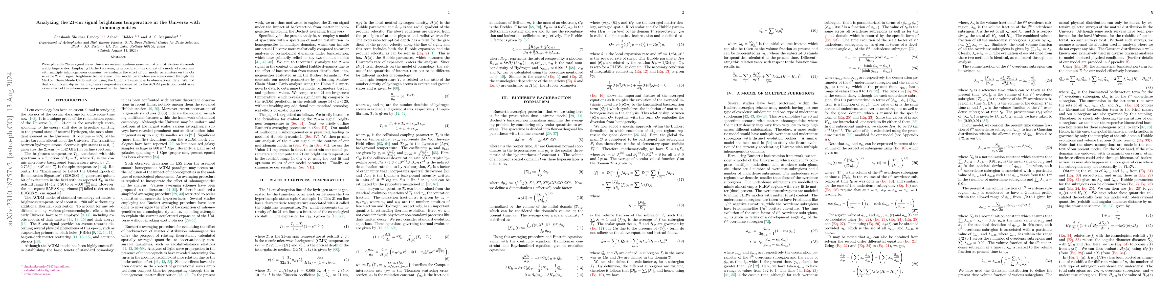 Thumbnail for Analyzing the 21-cm signal brightness temperature in the Universe with
  inhomogeneities