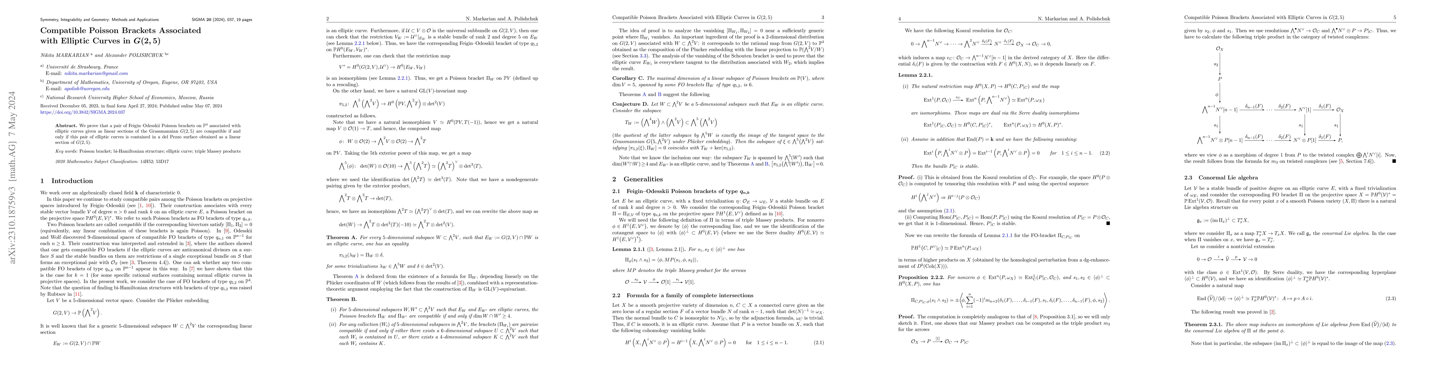 Thumbnail for Compatible Poisson Brackets Associated with Elliptic Curves in $G(2,5)$