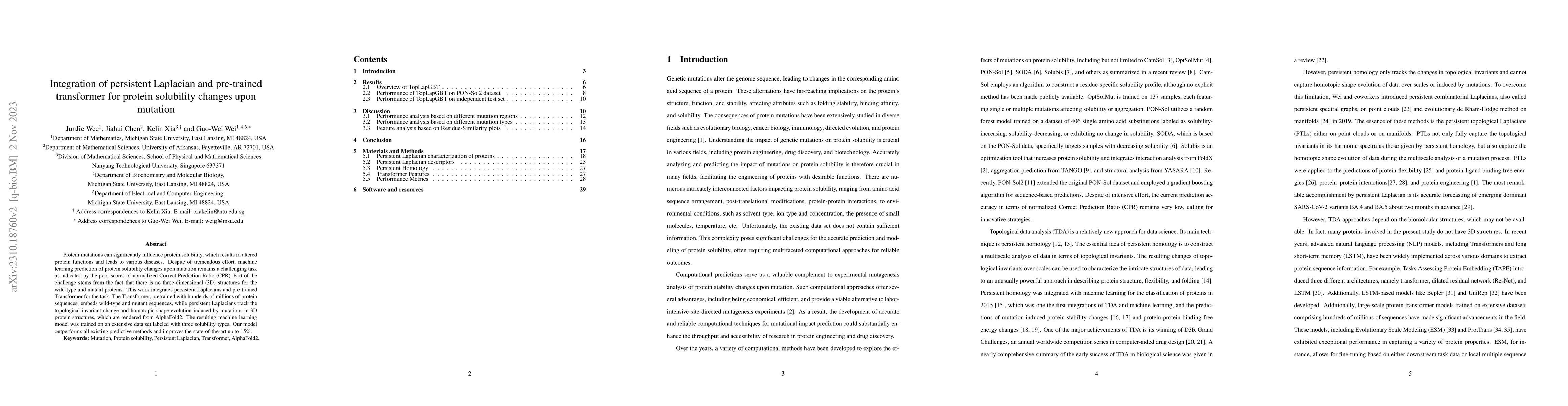Thumbnail for Integration of persistent Laplacian and pre-trained transformer for
  protein solubility changes upon mutation