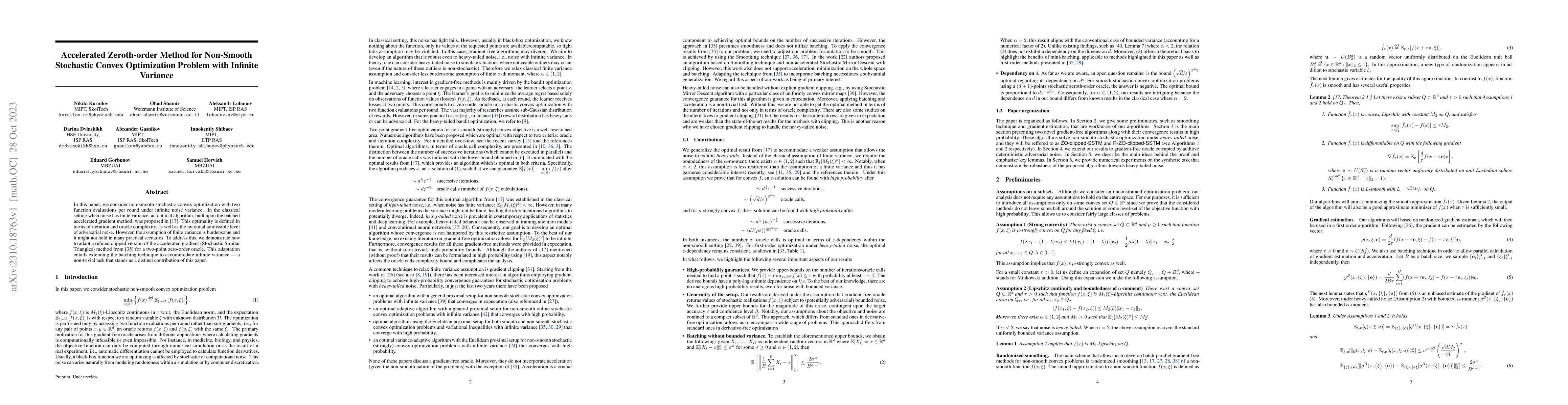 Thumbnail for Accelerated Zeroth-order Method for Non-Smooth Stochastic Convex
  Optimization Problem with Infinite Variance