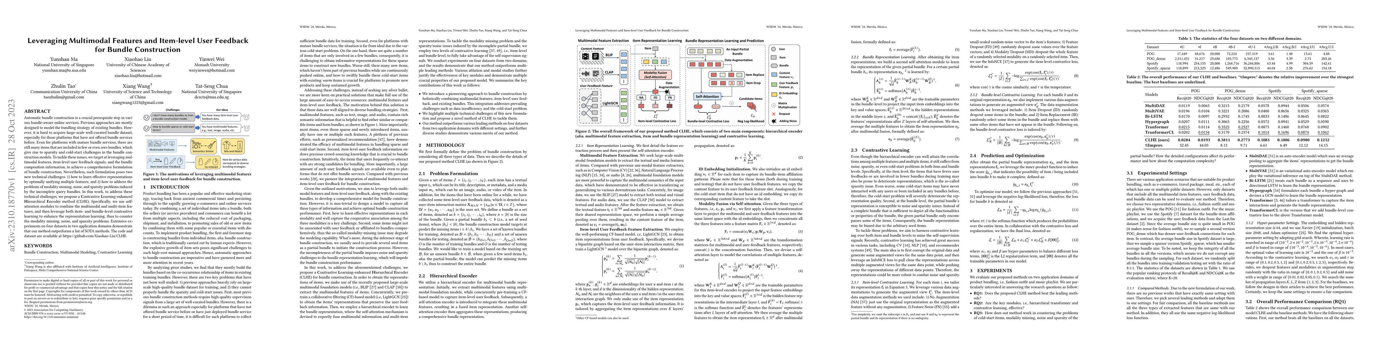 Thumbnail for Leveraging Multimodal Features and Item-level User Feedback for Bundle
  Construction