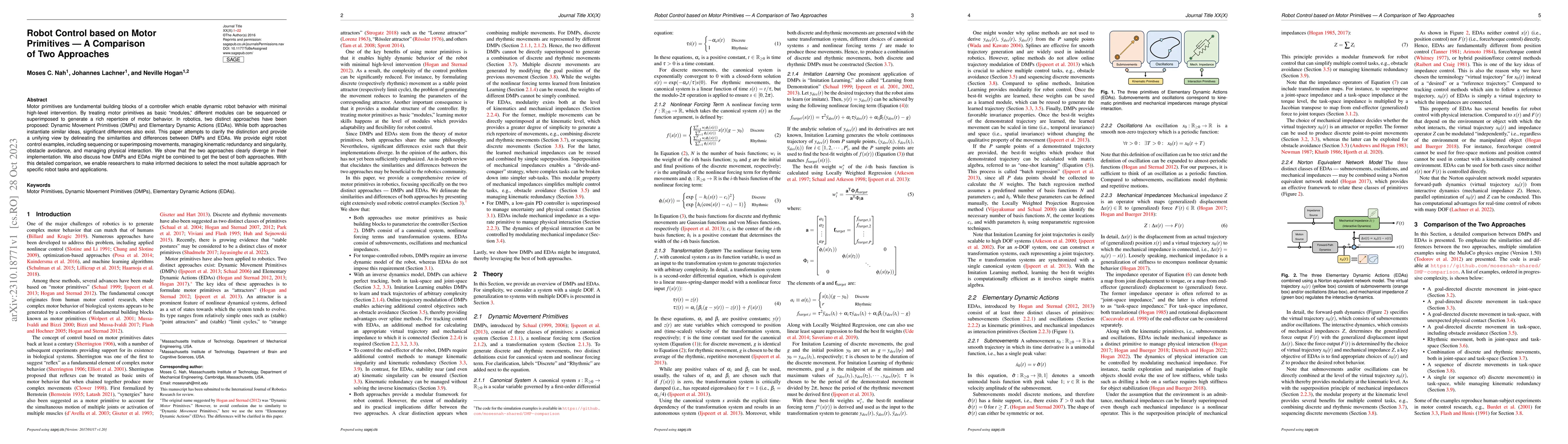 Thumbnail for Robot Control based on Motor Primitives -- A Comparison of Two
  Approaches