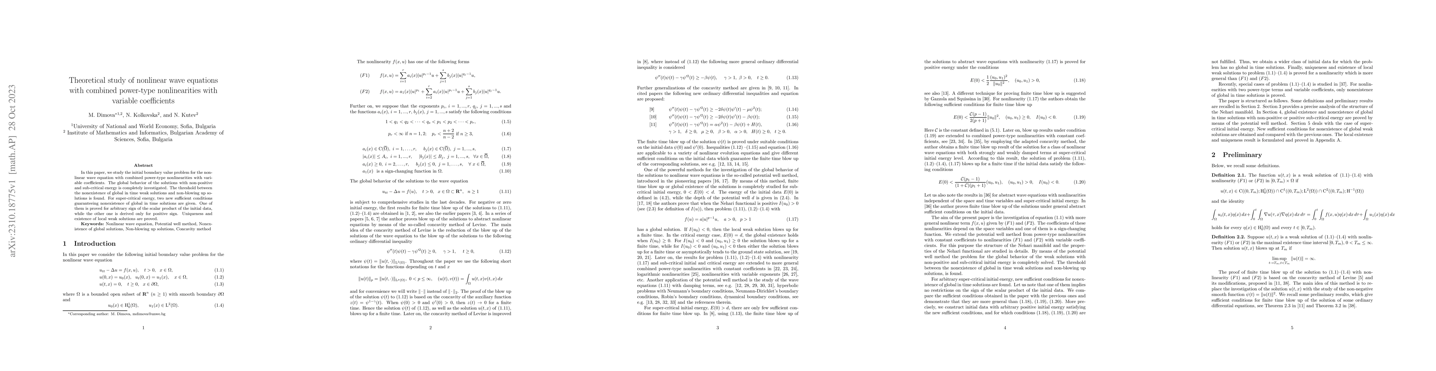 Thumbnail for Theoretical study of nonlinear wave equations with combined power-type
  nonlinearities with variable coefficients