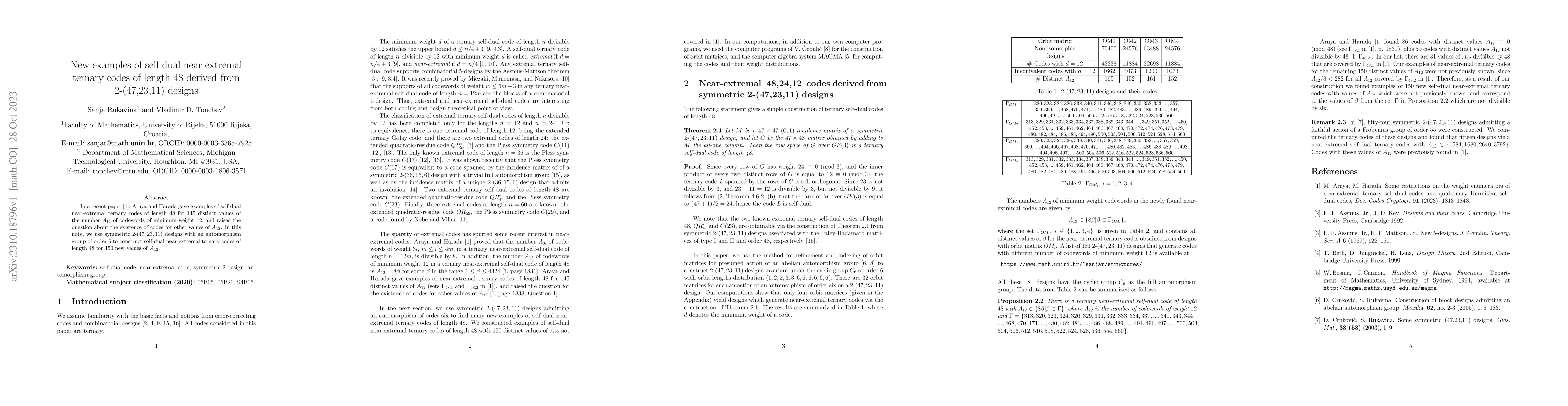 Thumbnail for New examples of self-dual near-extremal ternary codes of length 48
  derived from 2-(47,23,11) designs