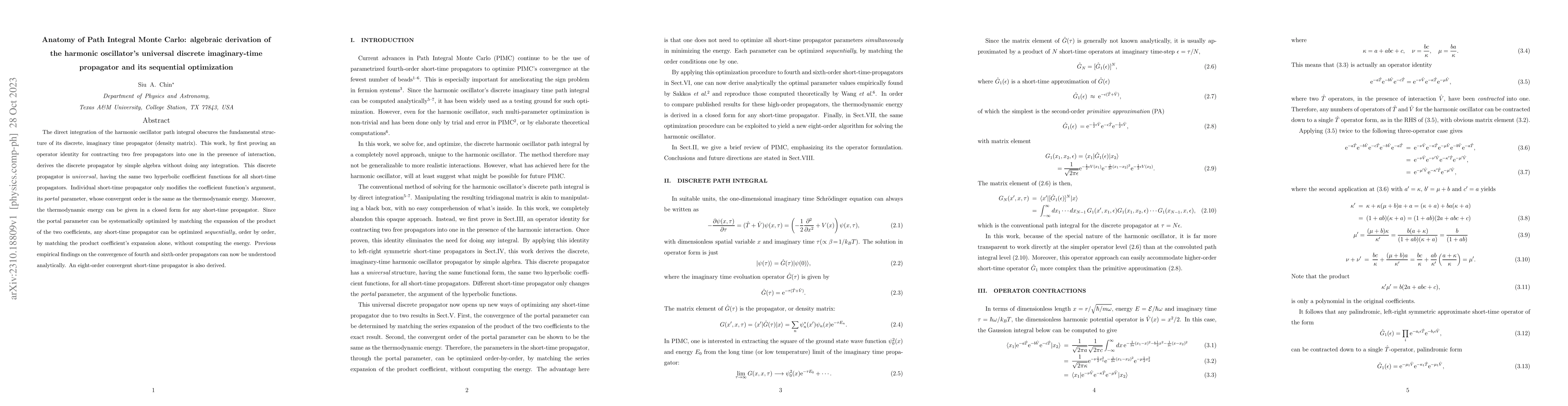 Thumbnail for Anatomy of Path Integral Monte Carlo: algebraic derivation of the
  harmonic oscillator's universal discrete imaginary-time propagator and its
  sequential optimization