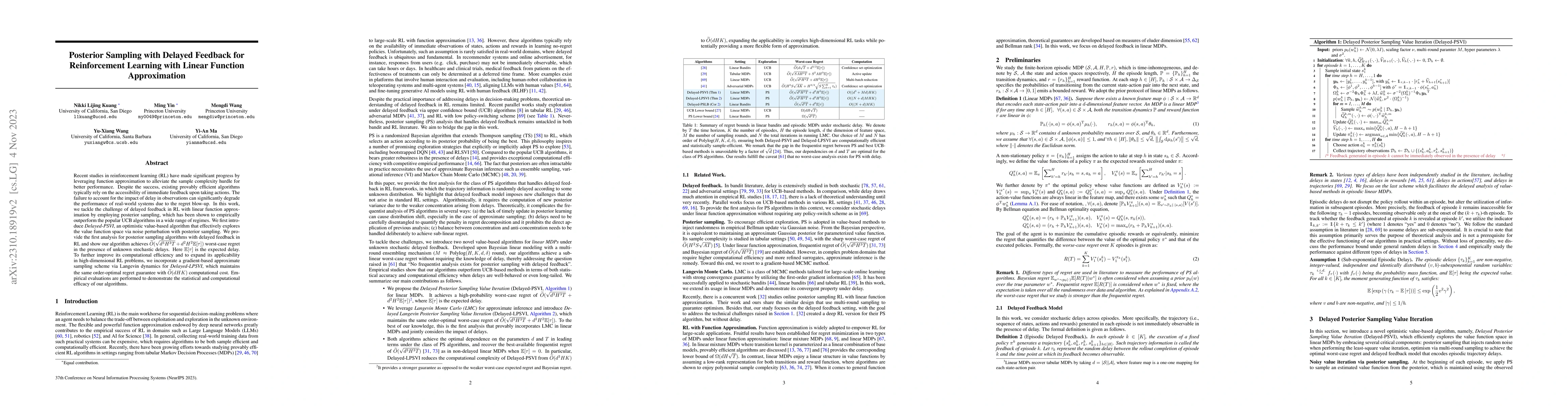 Thumbnail for Posterior Sampling with Delayed Feedback for Reinforcement Learning with
  Linear Function Approximation
