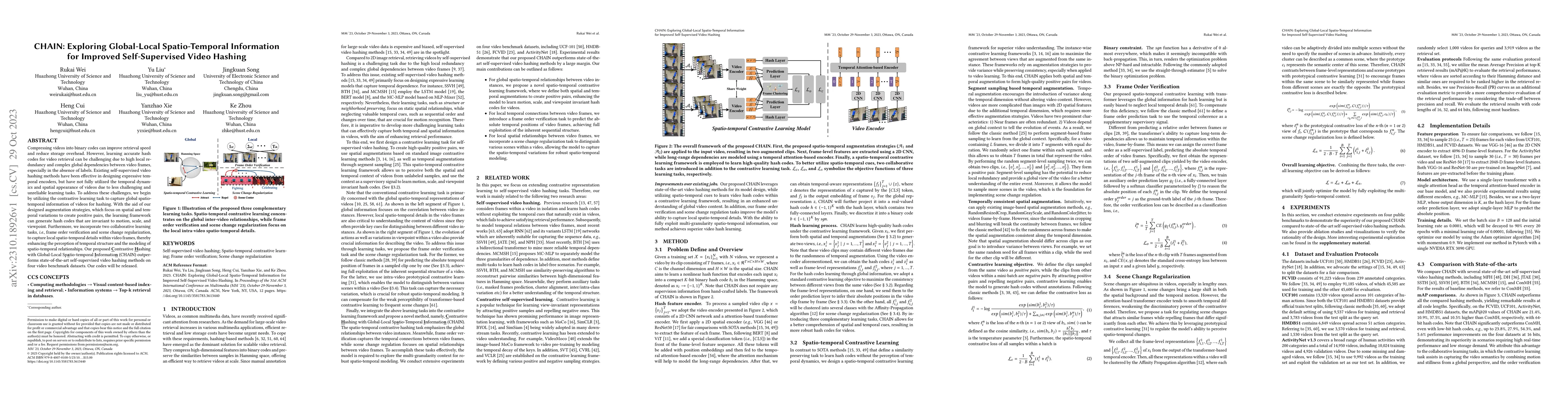 Thumbnail for CHAIN: Exploring Global-Local Spatio-Temporal Information for Improved
  Self-Supervised Video Hashing
