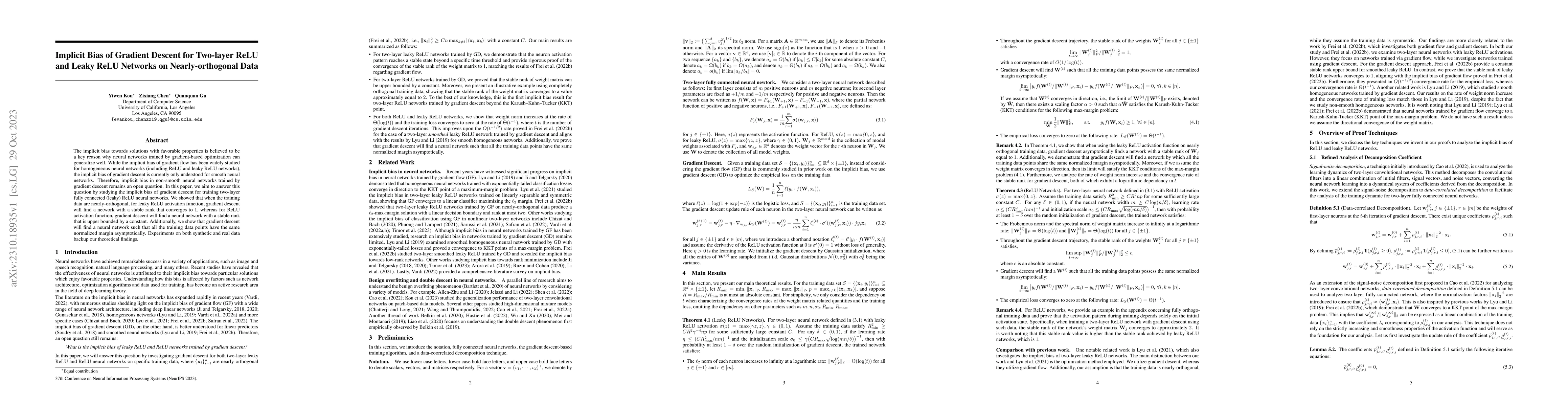 Thumbnail for Implicit Bias of Gradient Descent for Two-layer ReLU and Leaky ReLU
  Networks on Nearly-orthogonal Data
