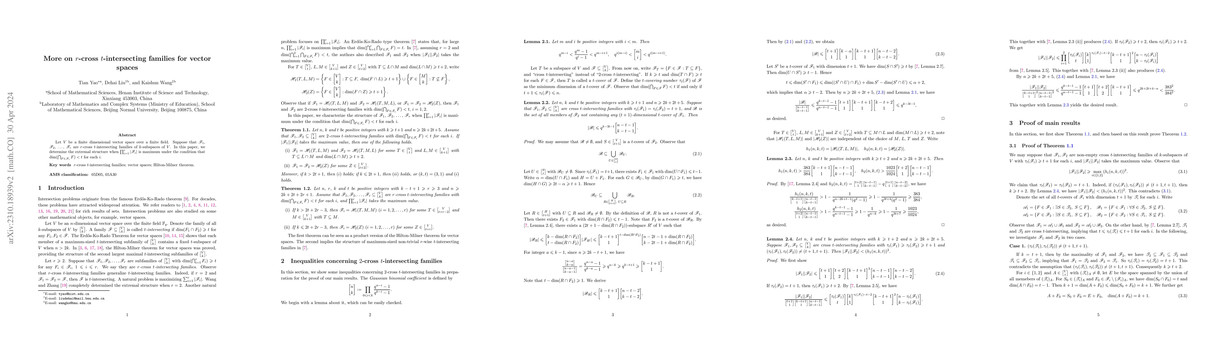 Thumbnail for More on $r$-cross $t$-intersecting families for vector spaces