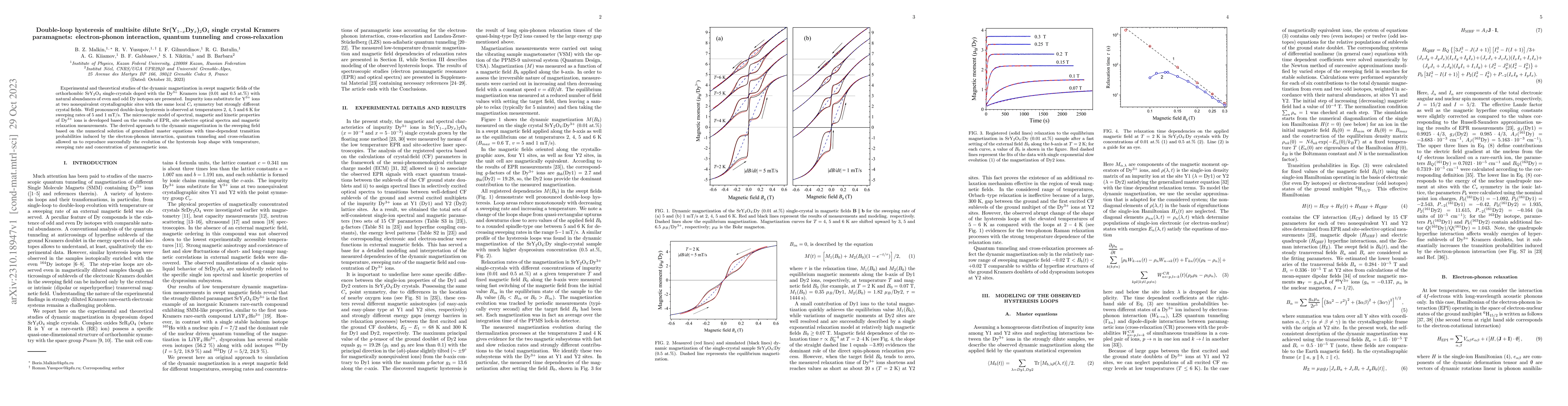 Thumbnail for Double-loop hysteresis of multisite dilute Sr(Y$_{1-x}$Dy$_x$)$_2$O$_4$
  single crystal Kramers paramagnets: electron-phonon interaction, quantum
  tunneling and cross-relaxation