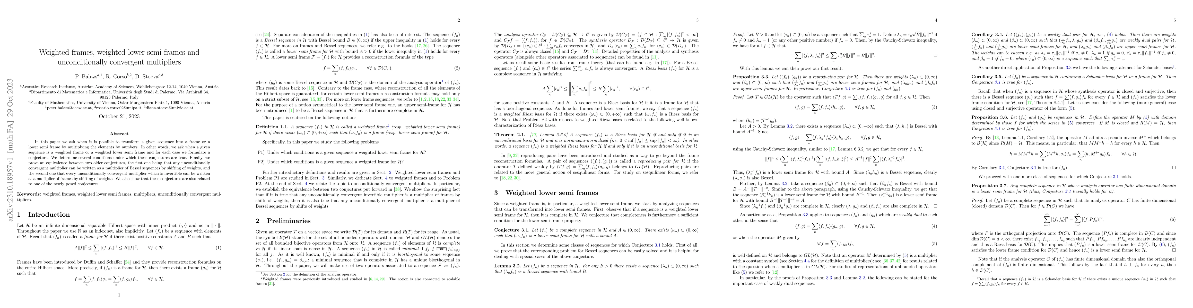 Thumbnail for Weighted frames, weighted lower semi frames and unconditionally
  convergent multipliers