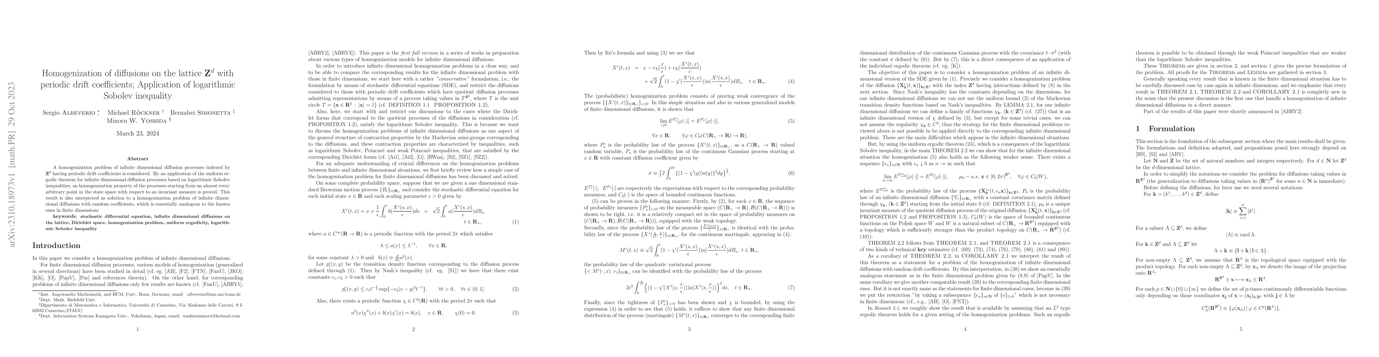 Thumbnail for Homogenization of diffusions on the lattice ${\mathbf Z}^d$ with
  periodic drift coefficients; Application of logarithmic Sobolev inequality