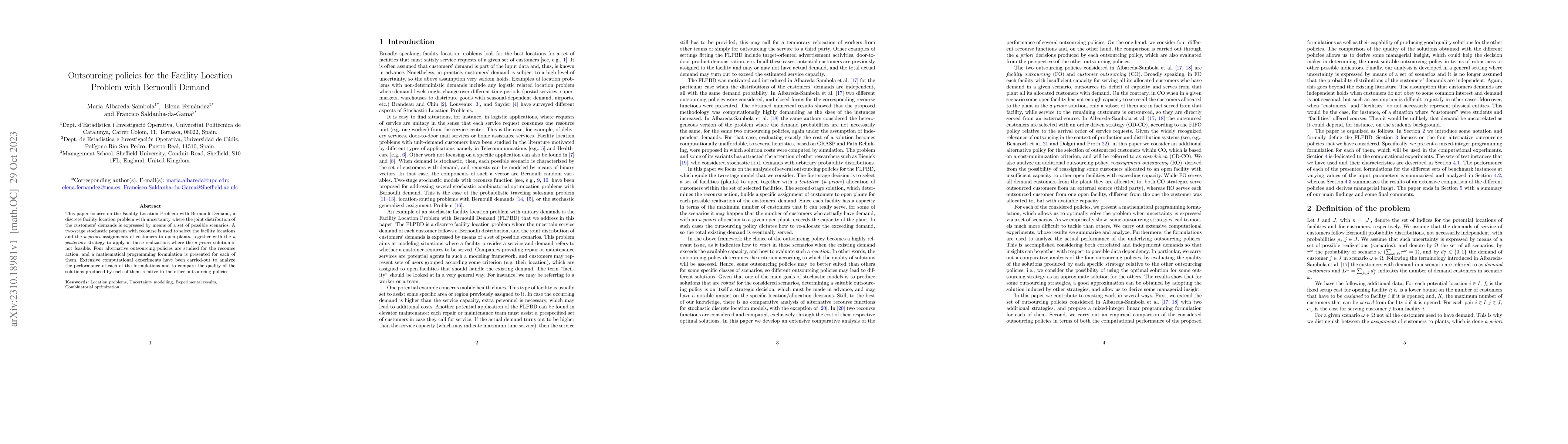 Thumbnail for Outsourcing policies for the Facility Location Problem with Bernoulli
  Demand