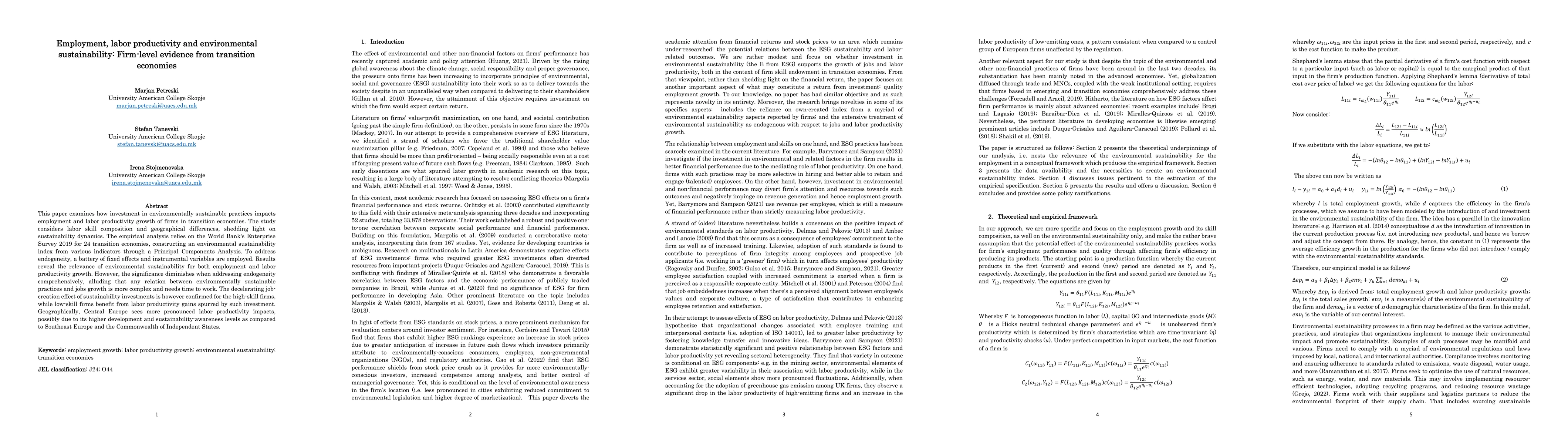 Thumbnail for Employment, labor productivity and environmental sustainability:
  Firm-level evidence from transition