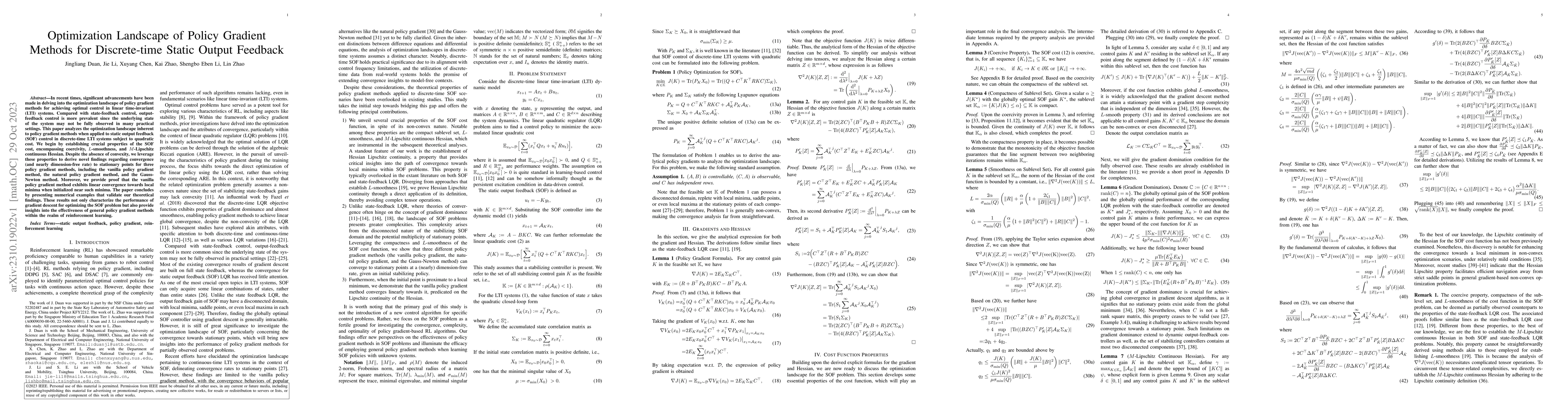Thumbnail for Optimization Landscape of Policy Gradient Methods for Discrete-time
  Static Output Feedback