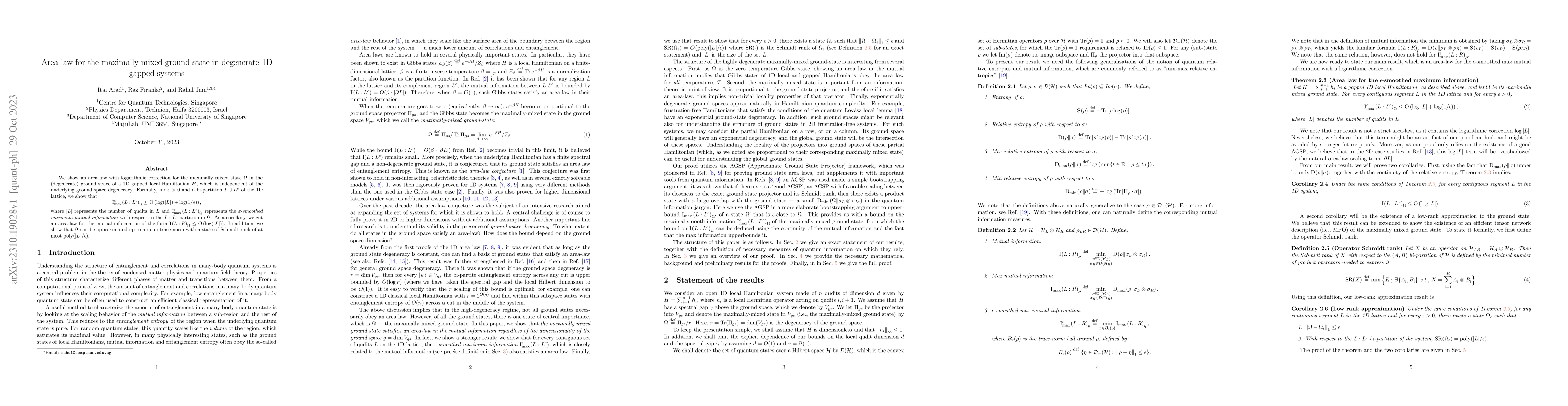 Thumbnail for Area law for the maximally mixed ground state in degenerate 1D gapped
  systems