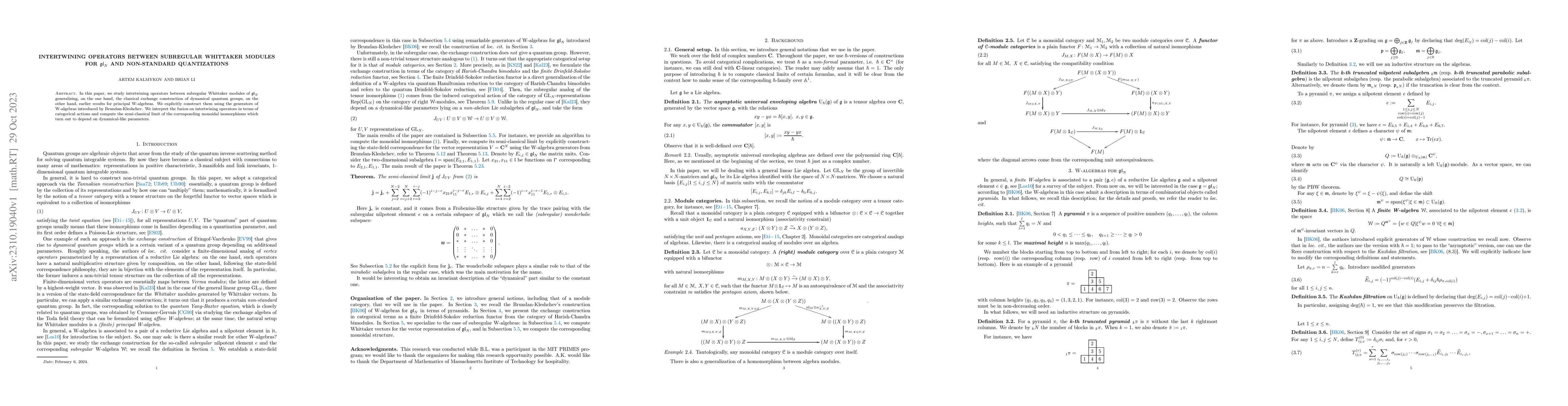 Thumbnail for Intertwining operators between subregular Whittaker modules for
  $\mathfrak{gl}_N$ and non-standard quantizations