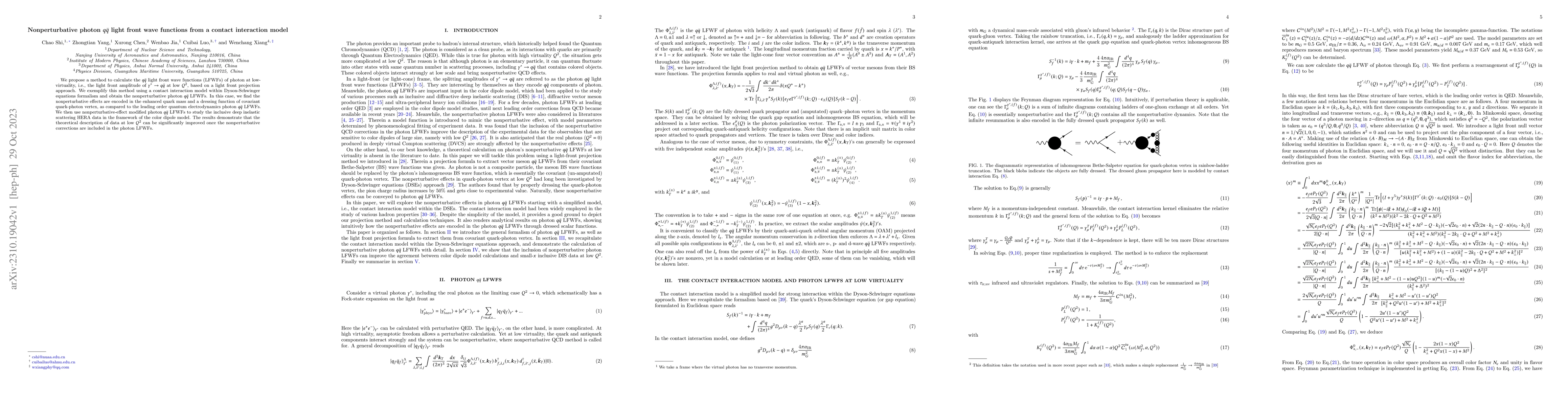 Thumbnail for Nonperturbative photon $q\bar{q}$ light front wave functions from a
  contact interaction model